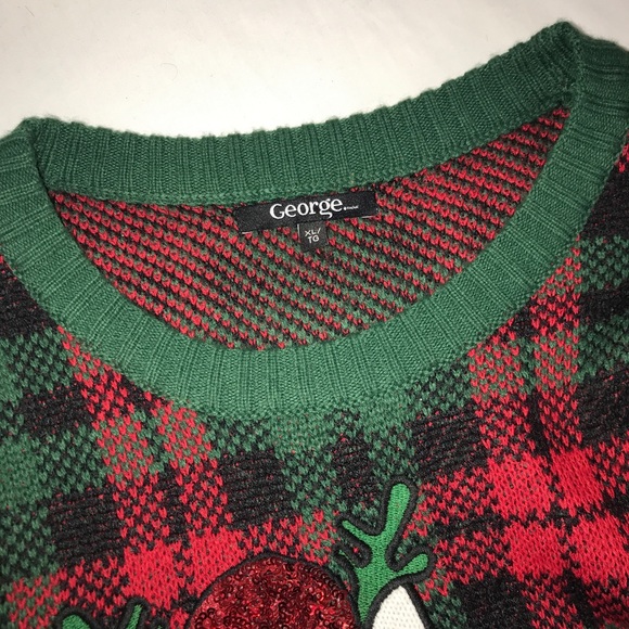 George Christmas Pug PomPom Plaid Crewneck Sweater - Picture 10 of 11